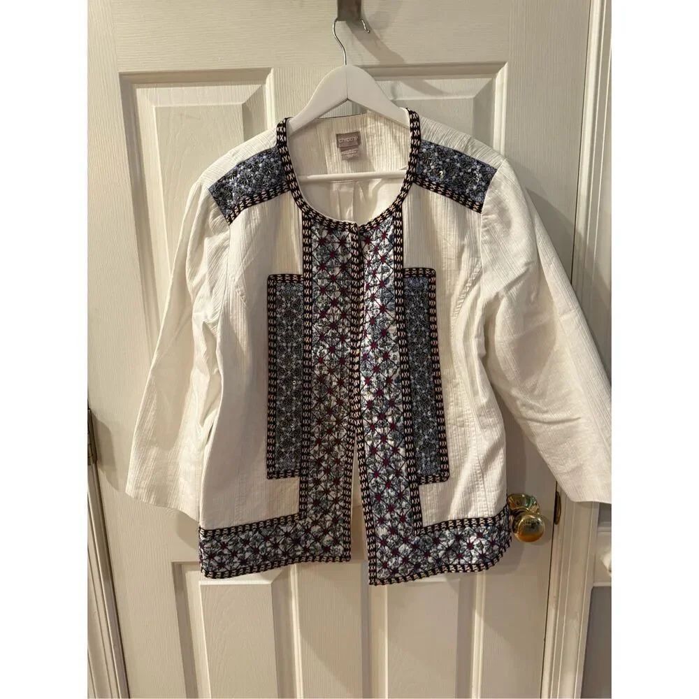 Chico’s White Textured Heavily Embroidered & Beaded Open Front Jacket sz 3 or 16